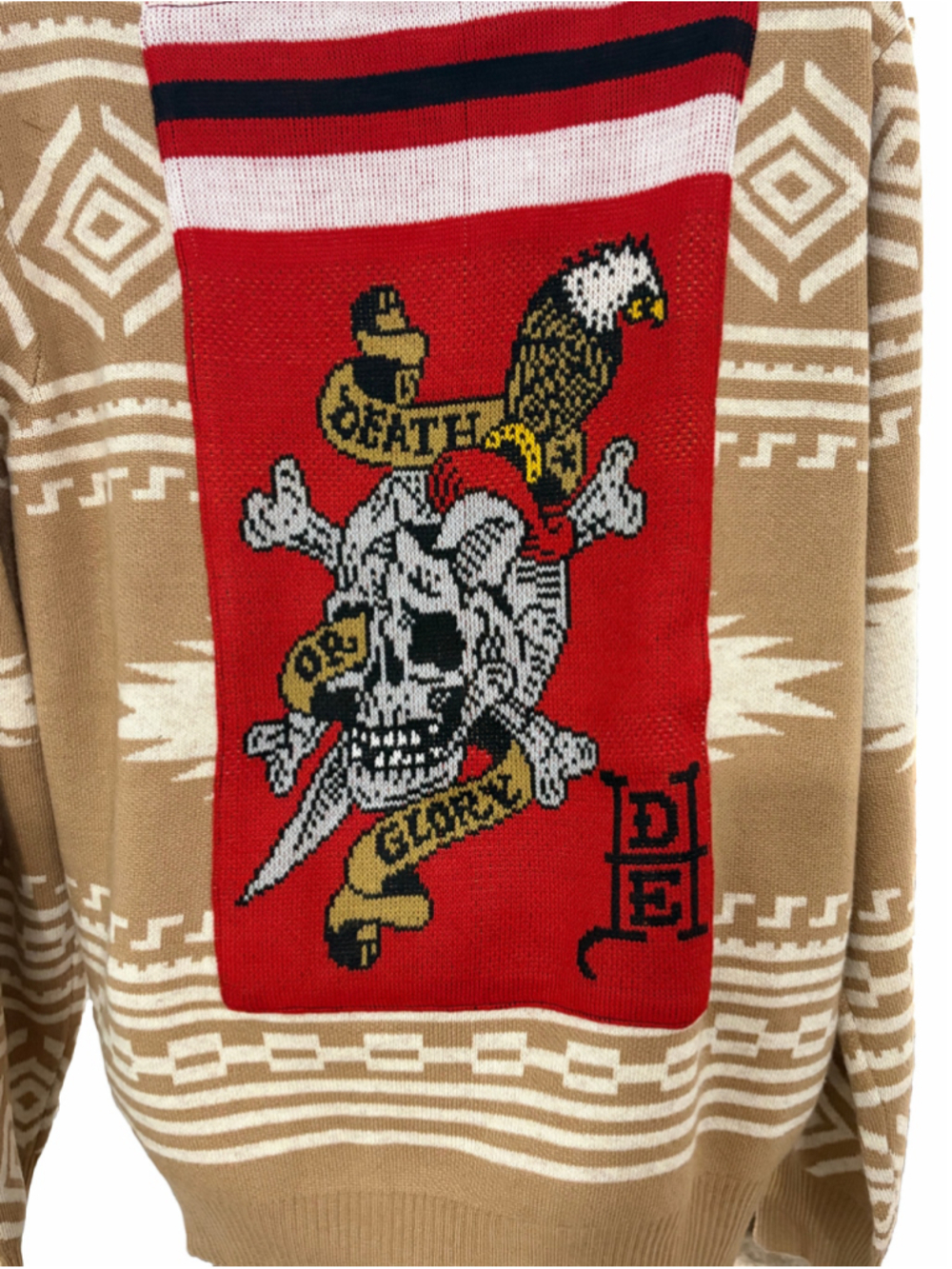 Ed Hardy Death or Glory Aztec Zip Hoodie Cardigan Skull Eagle Tan Angora Large